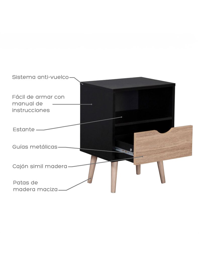 Velador Top Living Tromso Con Cajón Negro y Madera-3