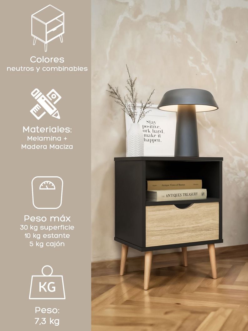 Velador Top Living Tromso Con Cajón Negro y Madera-4