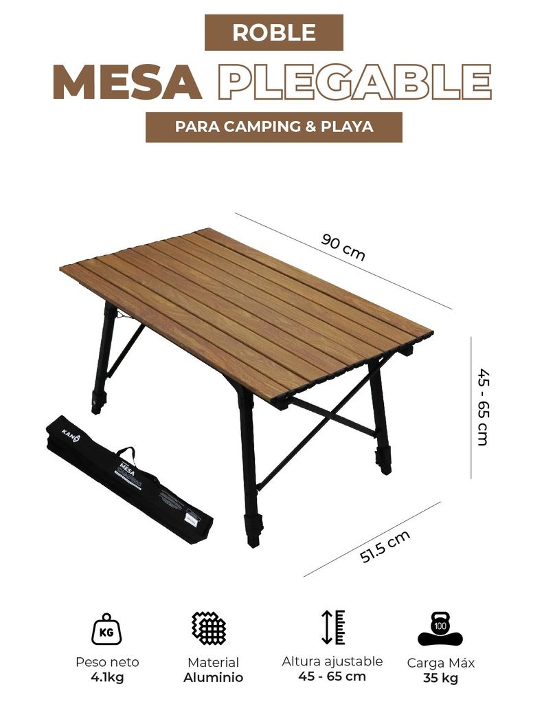 Mesa Plegable Kano Roble Portátil y Ajustable para Camping-2