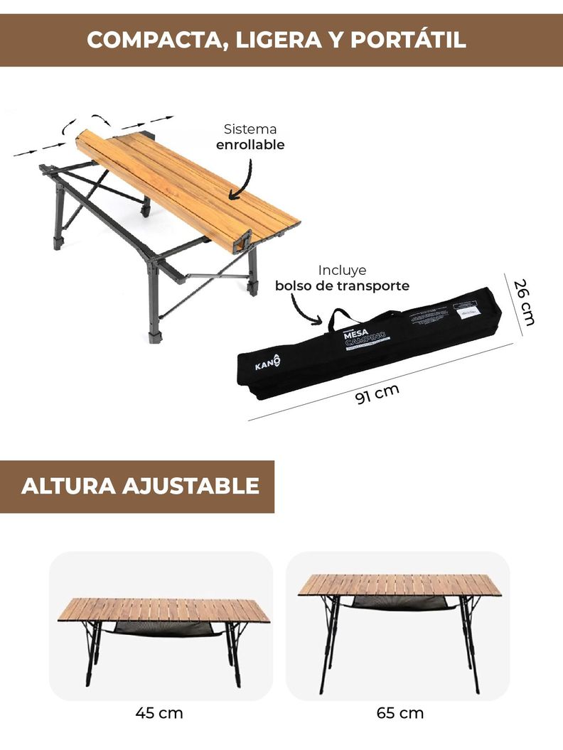 Mesa Plegable Kano Roble Portátil y Ajustable para Camping-3