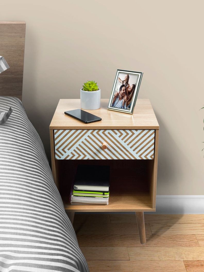 Velador Top Living Moon con Cajón y Estante Blanco y Madera-1
