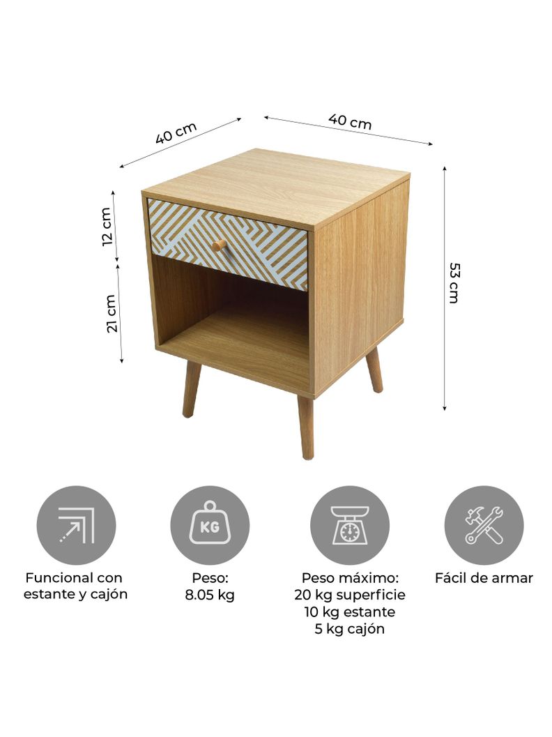 Velador Top Living Moon con Cajón y Estante Blanco y Madera-2