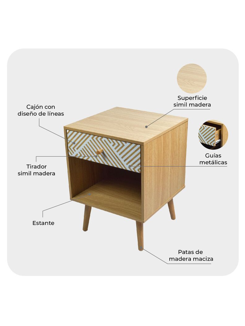 Velador Top Living Moon con Cajón y Estante Blanco y Madera-4