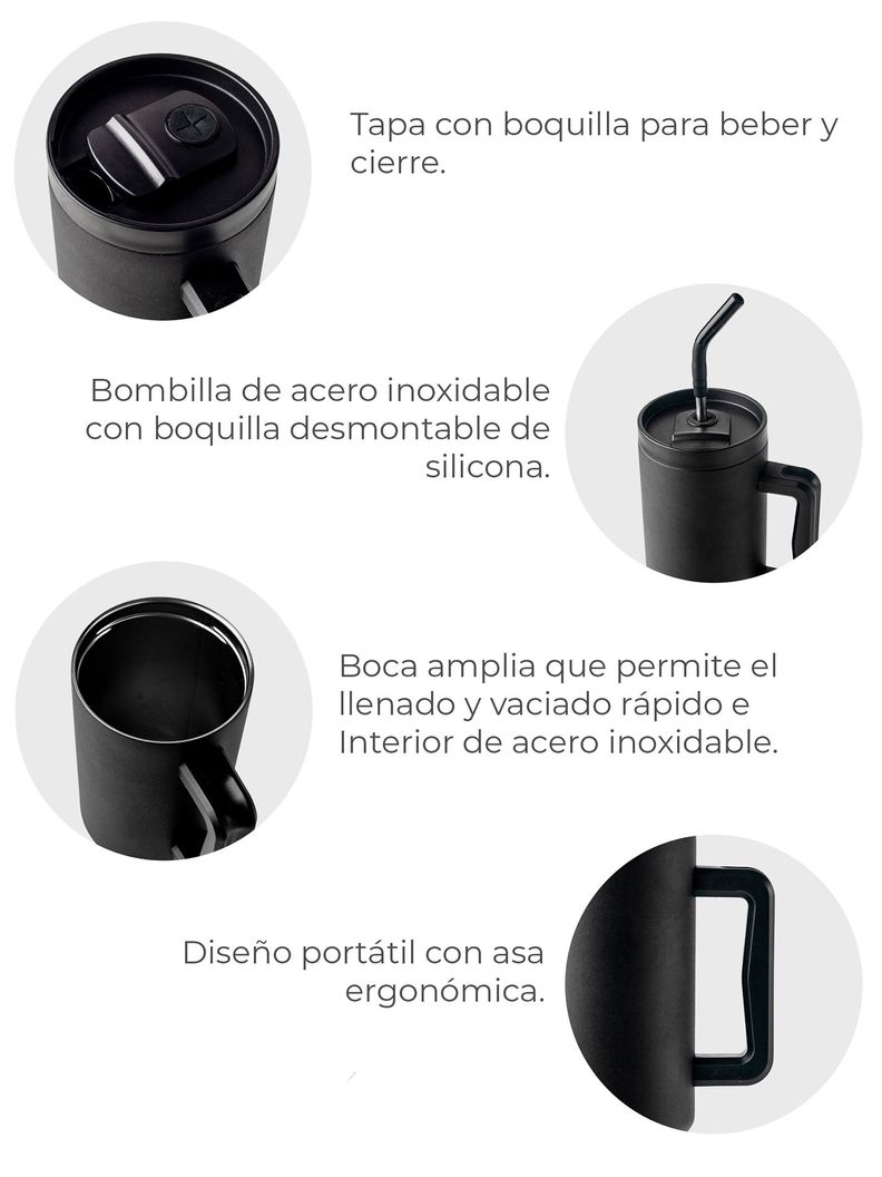Mug Vaso Térmico Quencher 1,2lts con Bombilla Negro-3