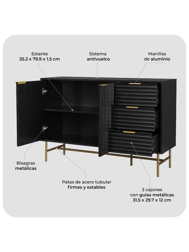 Aparador Buffet Negro Dorado Top Living Brooklyn Vajillero-5