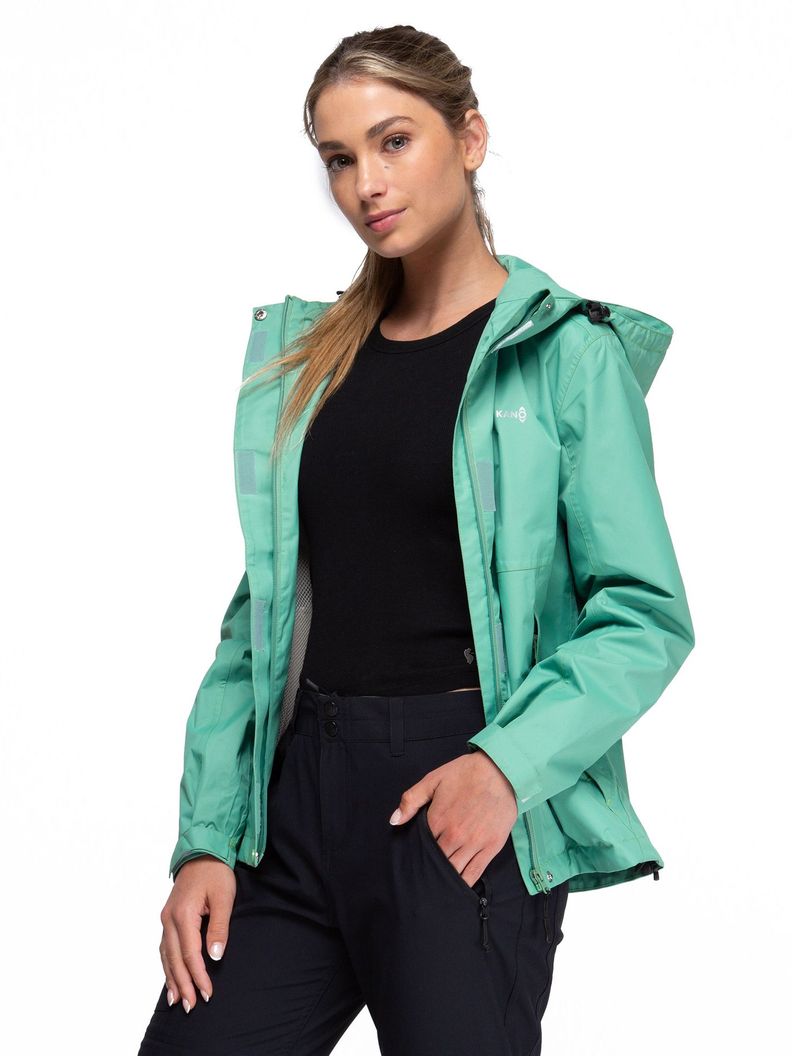 Chaqueta Cortavientos Impermeable Mujer Verde con Gorro-0