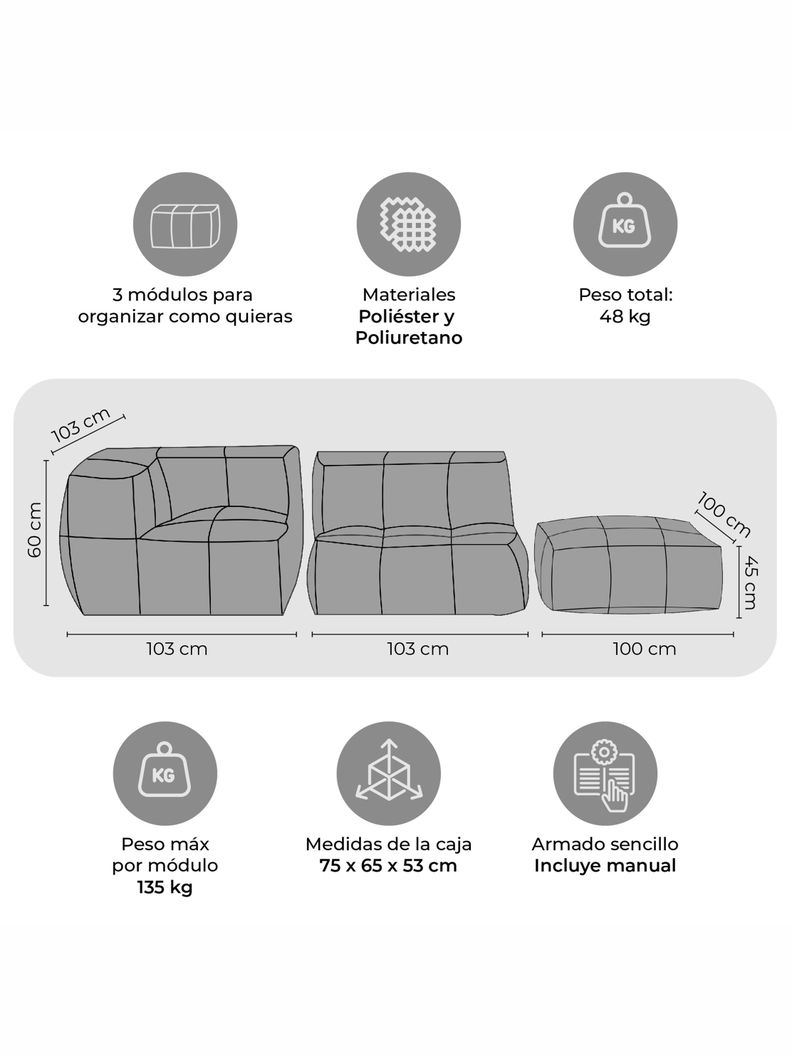 Sillón Pouf Seccional Gris / Pouf Sala de Estar Relan-2