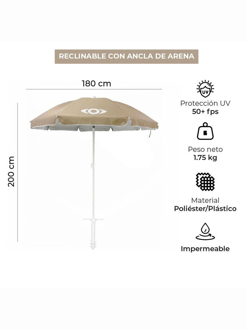 Quitasol de Playa UV50 180cm Kano Rapel Reclinable con Base-1