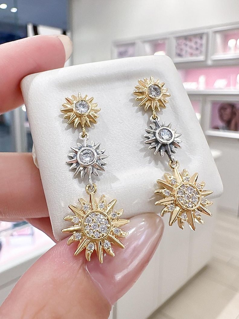 Aros Plata 925 Pendientes Tres Soles Baño Oro 18 K Joyas-3