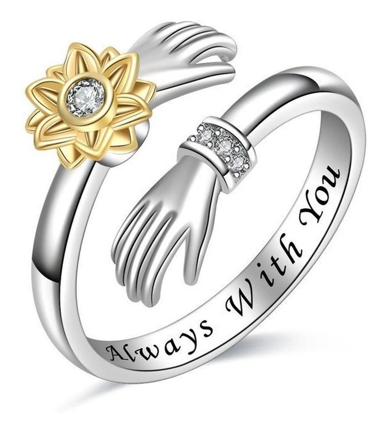 Anillo Plata Fina 925 Abrazo Girasol Circonio Mujer Joyas-0