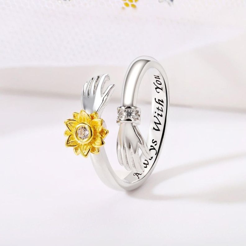 Anillo Plata Fina 925 Abrazo Girasol Circonio Mujer Joyas-3