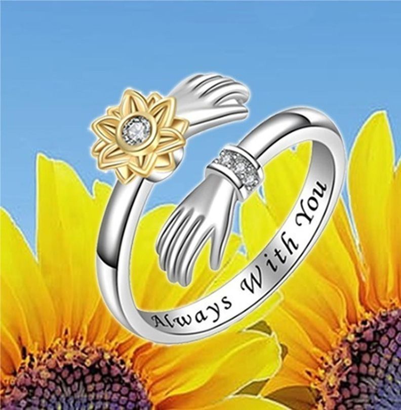Anillo Plata Fina 925 Abrazo Girasol Circonio Mujer Joyas-5
