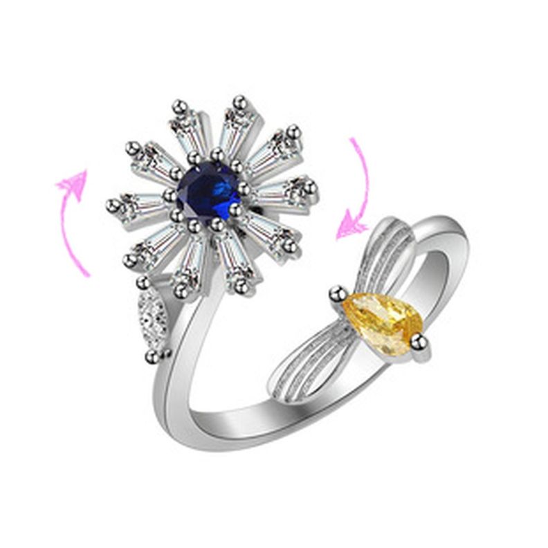 Anillo Giratorio Flor Girasol Abeja Plata 925 Antiestres-1