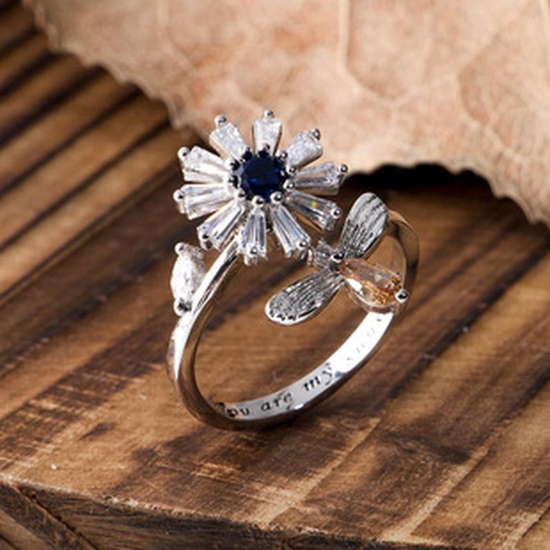 Anillo Giratorio Flor Girasol Abeja Plata 925 Antiestres-2