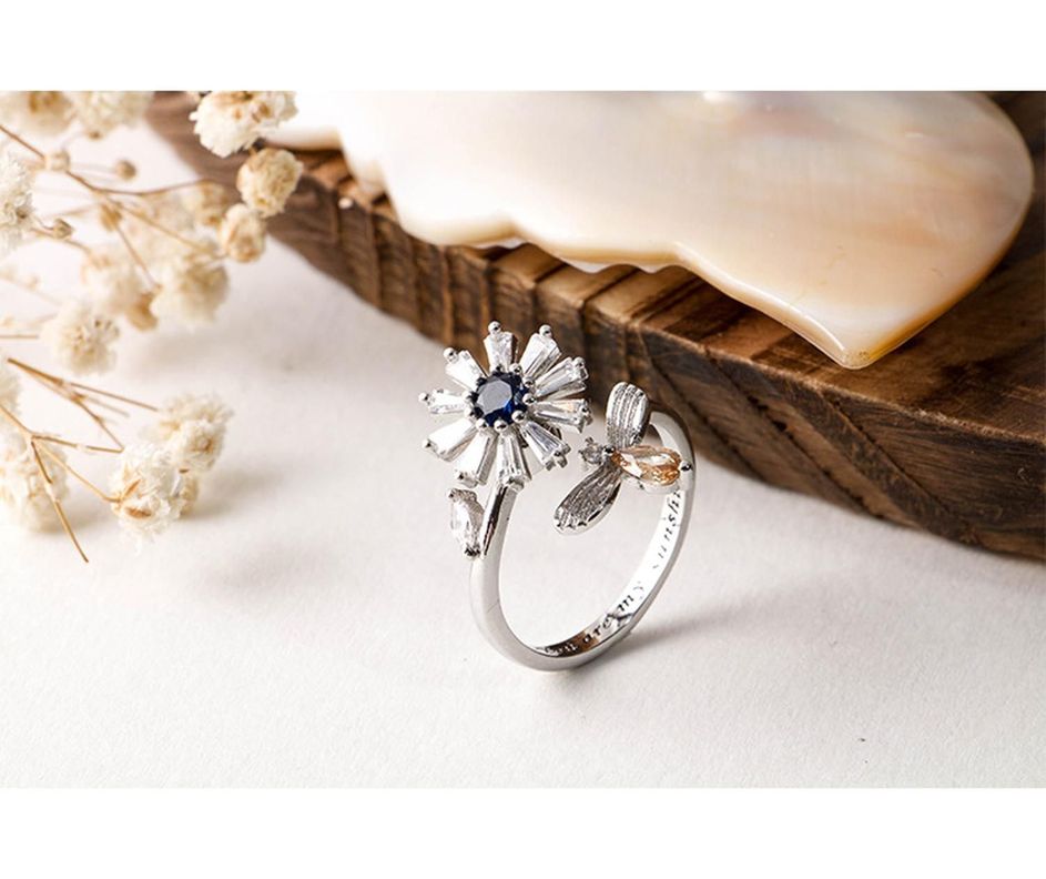 Anillo Giratorio Flor Girasol Abeja Plata 925 Antiestres-3