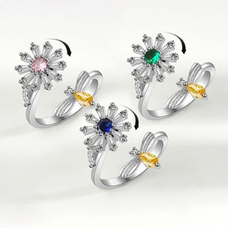 Anillo Giratorio Flor Girasol Abeja Plata 925 Antiestres-5