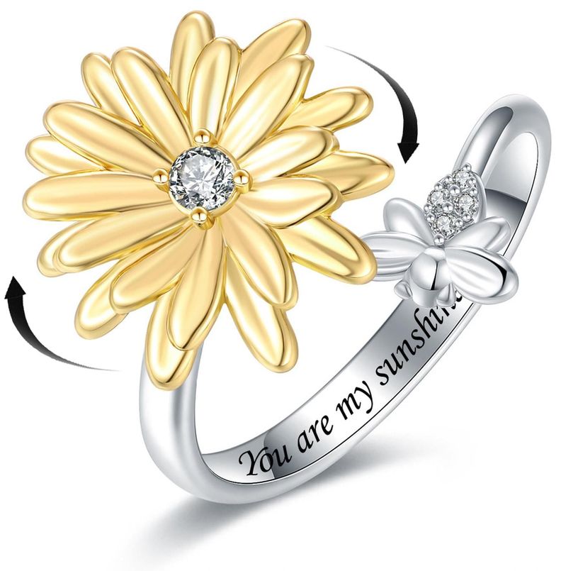 Anillo Plata 925 Flor Margarita Abeja Giratoria Antiestres-0