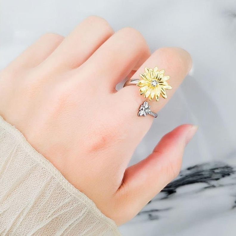 Anillo Plata 925 Flor Margarita Abeja Giratoria Antiestres-1