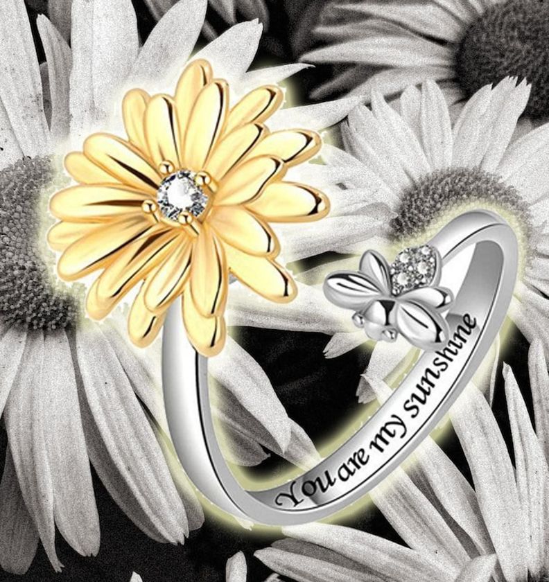 Anillo Plata 925 Flor Margarita Abeja Giratoria Antiestres-2