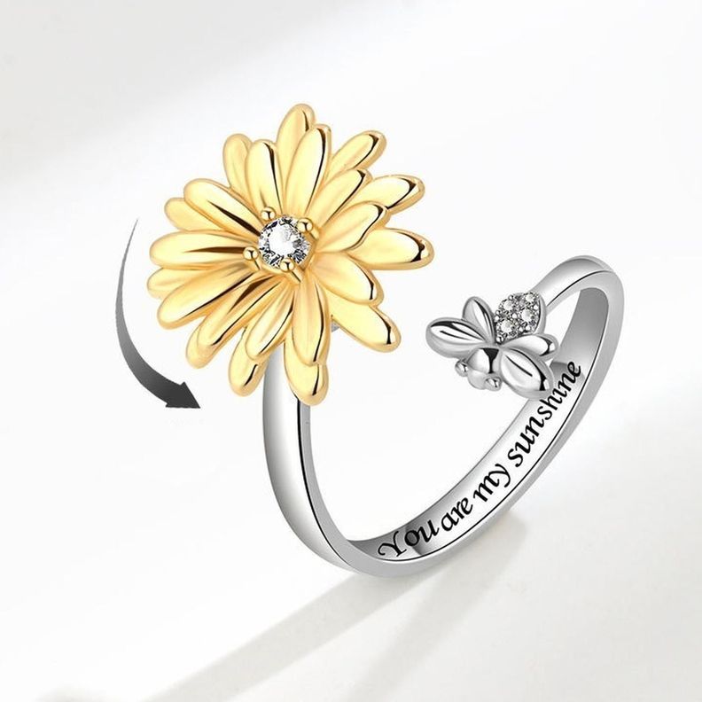 Anillo Plata 925 Flor Margarita Abeja Giratoria Antiestres-3
