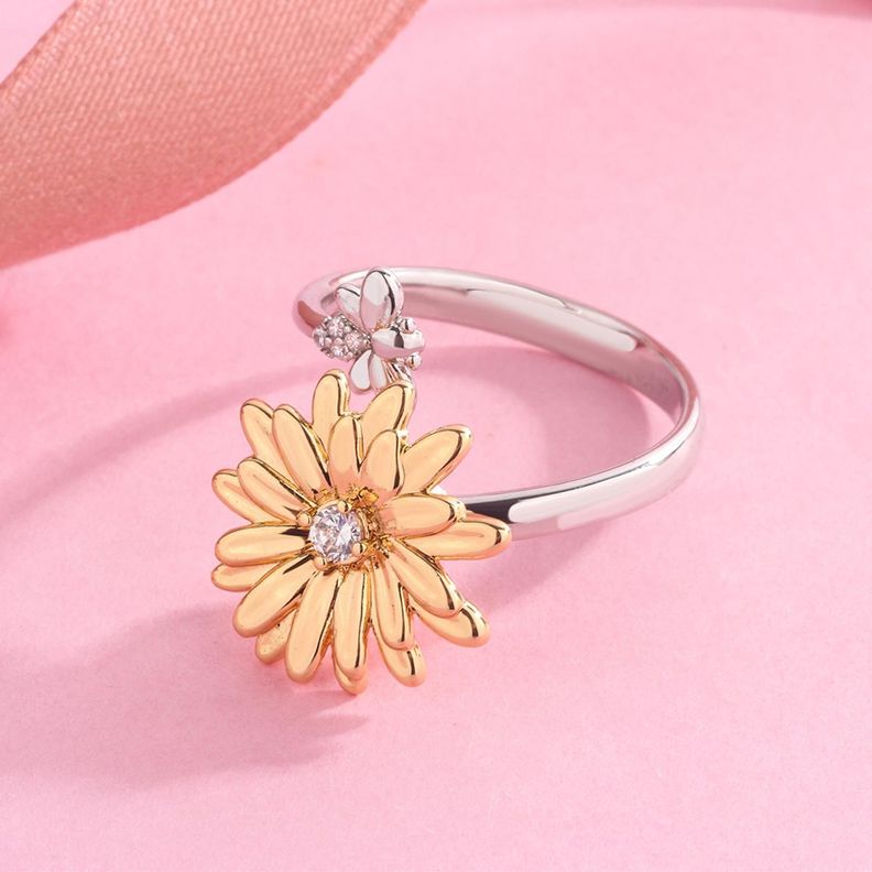 Anillo Plata 925 Flor Margarita Abeja Giratoria Antiestres-4
