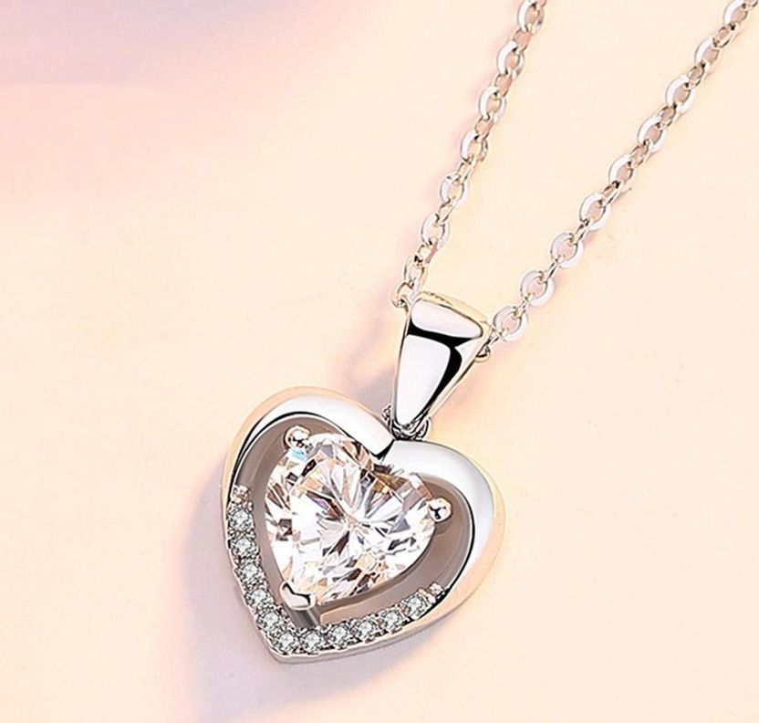 Collar Plata 925 Corazon Circones Brillantes Mujer Regalo-1