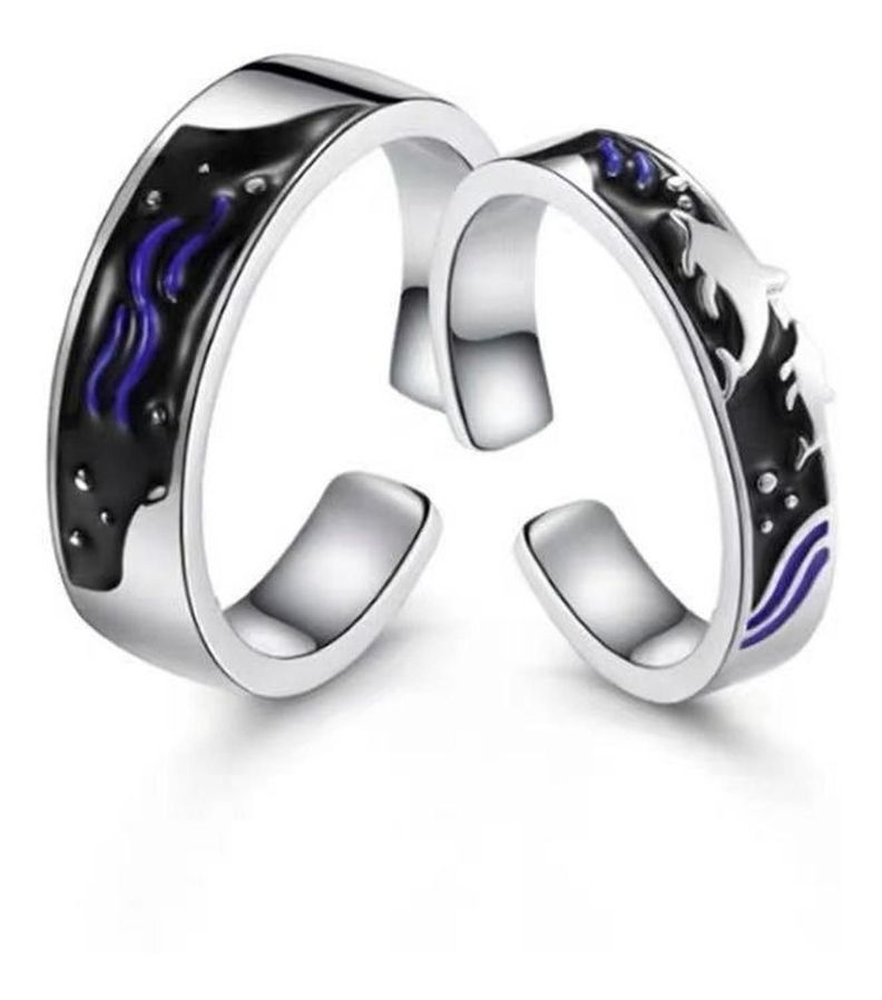 Anillos Plata Pareja Compromiso Oceano Ballena Ajustable-0