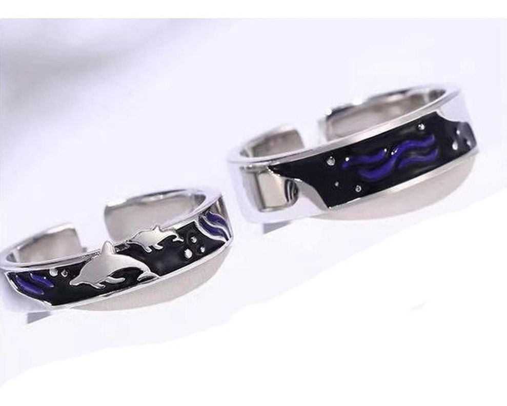 Anillos Plata Pareja Compromiso Oceano Ballena Ajustable-1