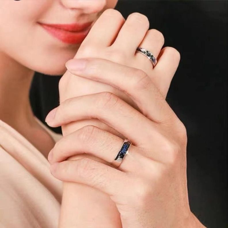 Anillos Plata Pareja Compromiso Oceano Ballena Ajustable-2