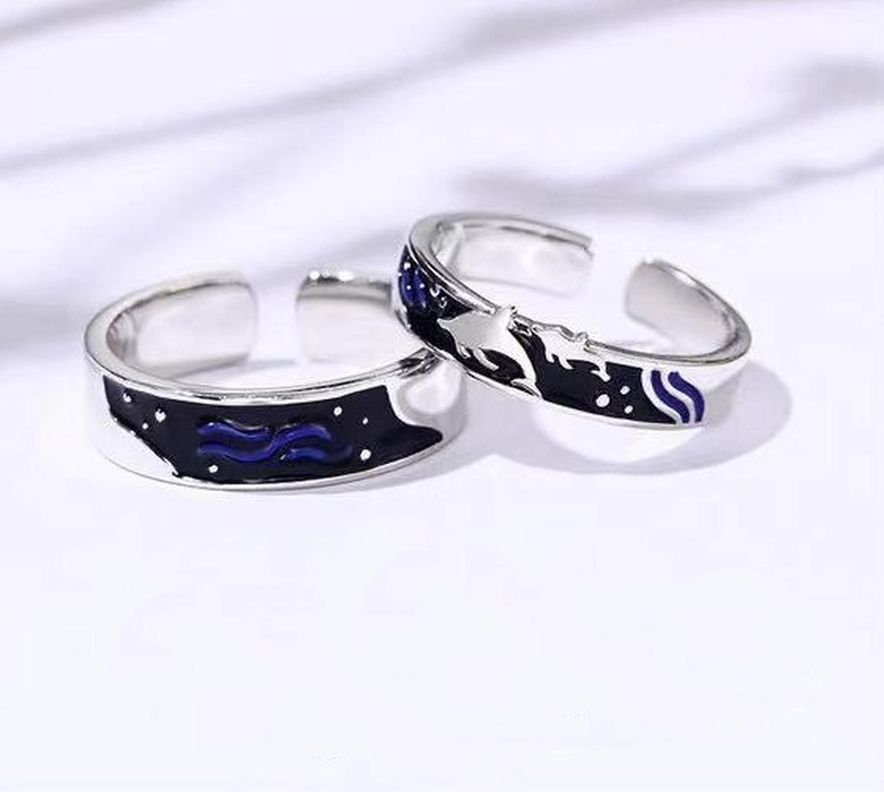 Anillos Plata Pareja Compromiso Oceano Ballena Ajustable-3