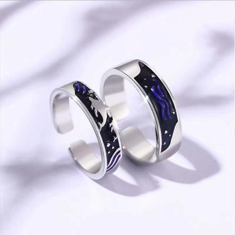 Anillos Plata Pareja Compromiso Oceano Ballena Ajustable-4