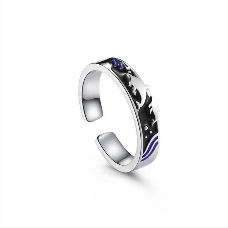 Anillos Plata Pareja Compromiso Oceano Ballena Ajustable-6