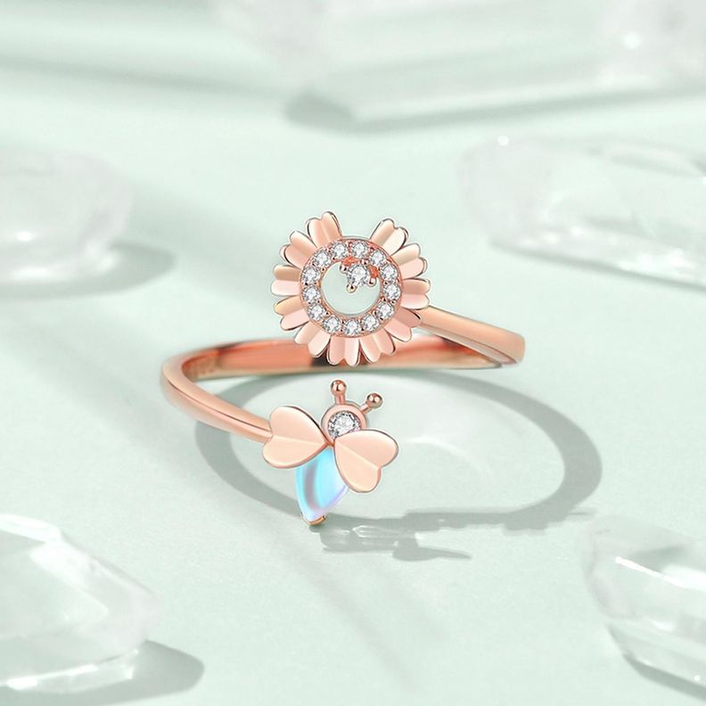 Anillo Plata 925 Margarita Abeja Piedra Lunar Joyas Mujer-2