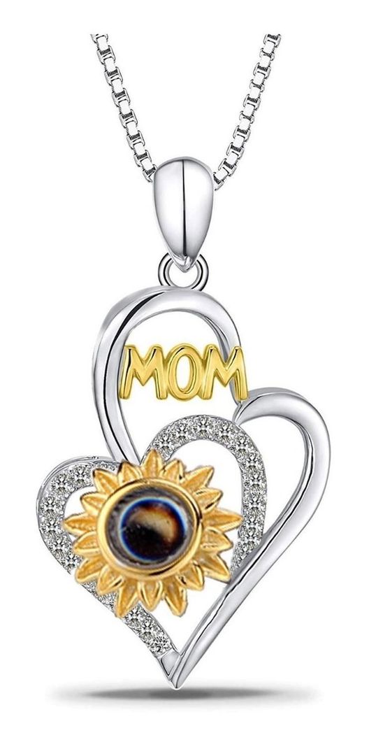 Collar Plata 925 Corazon Girasol Mamá Te Amo 100 Idiomas Mom-0