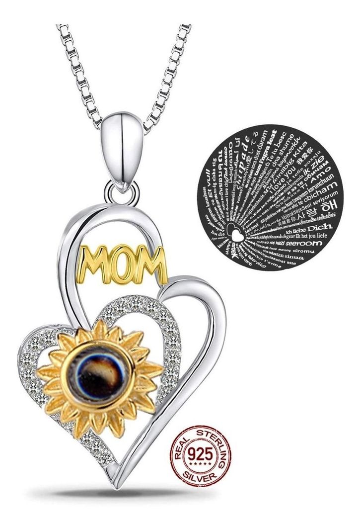 Collar Plata 925 Corazon Girasol Mamá Te Amo 100 Idiomas Mom-1