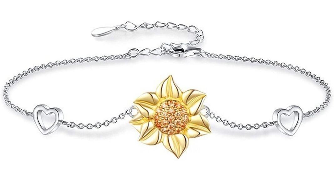 Pulsera Brazalete Plata Fina 925 Flor De Girasol Y Corazones-0