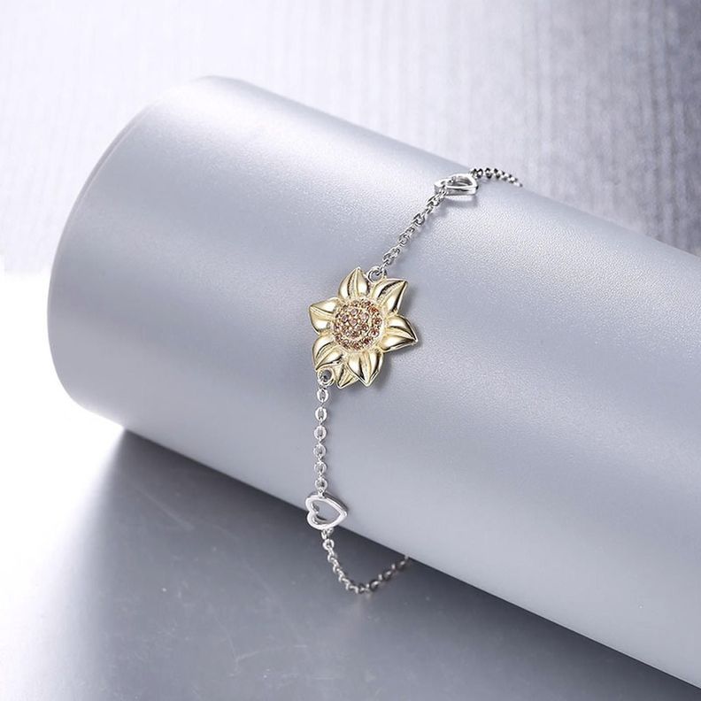 Pulsera Brazalete Plata Fina 925 Flor De Girasol Y Corazones-1