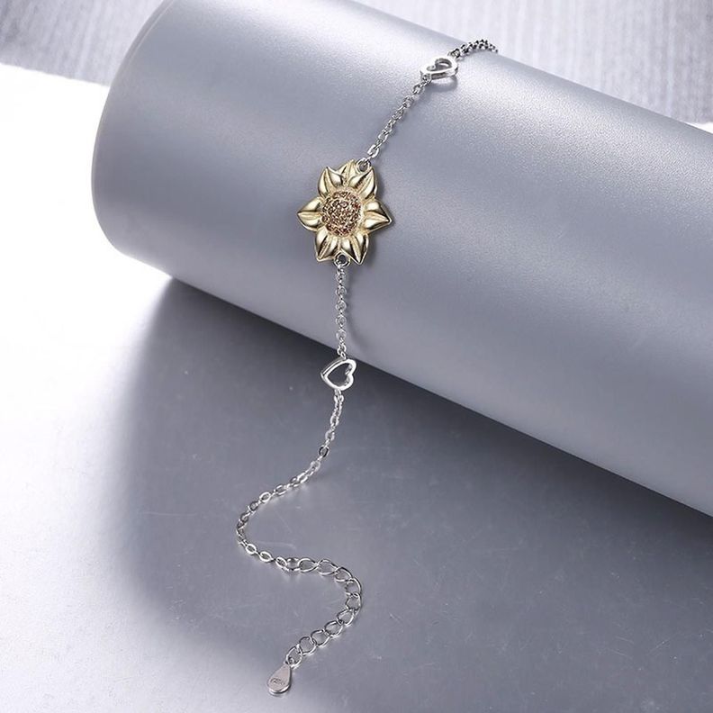 Pulsera Brazalete Plata Fina 925 Flor De Girasol Y Corazones-2