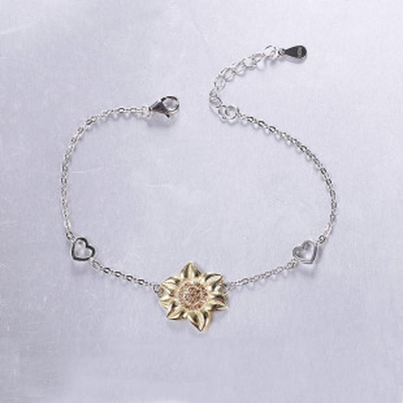 Pulsera Brazalete Plata Fina 925 Flor De Girasol Y Corazones-3