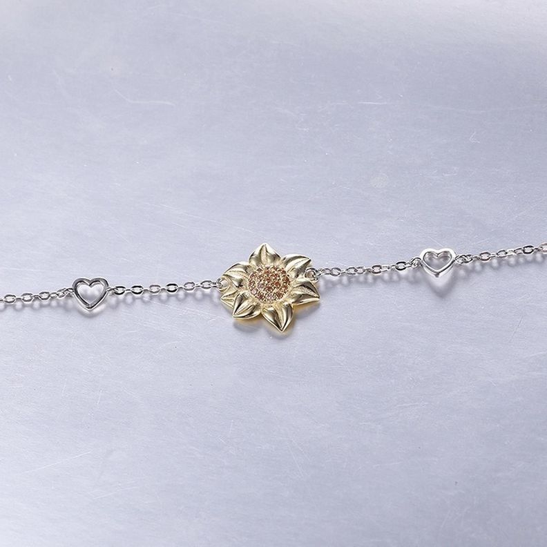 Pulsera Brazalete Plata Fina 925 Flor De Girasol Y Corazones-4