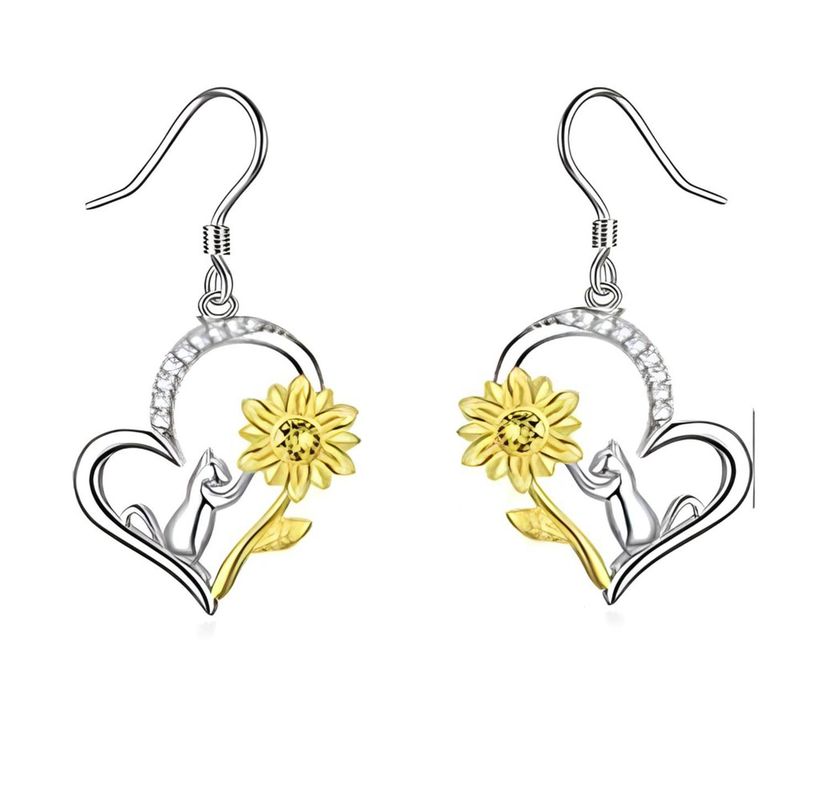 Aros Plata Fina 925 Pendientes De Girasol Y Gato Circonio-0