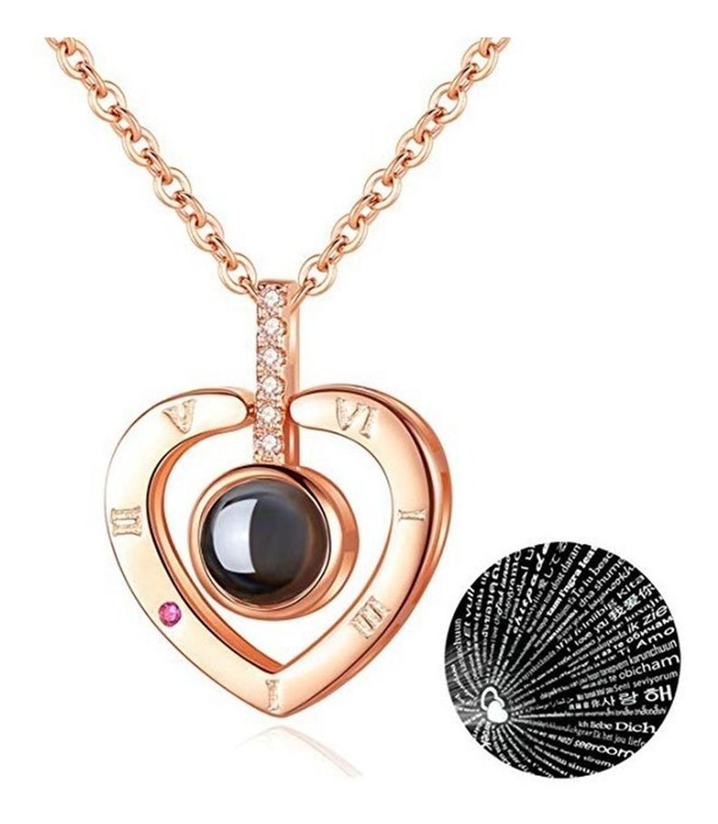 Collar Te Amo 100 Idiomas Corazón Numeros Romanos Dorado-0