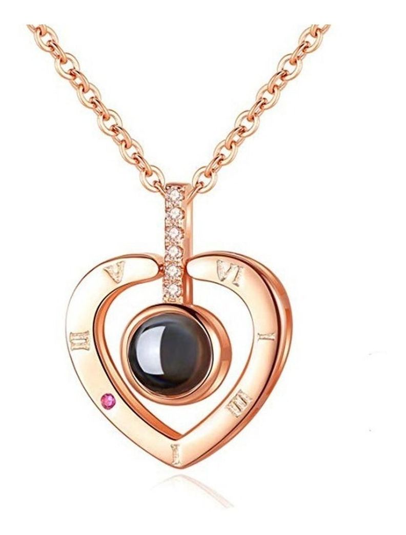 Collar Te Amo 100 Idiomas Corazón Numeros Romanos Dorado-1