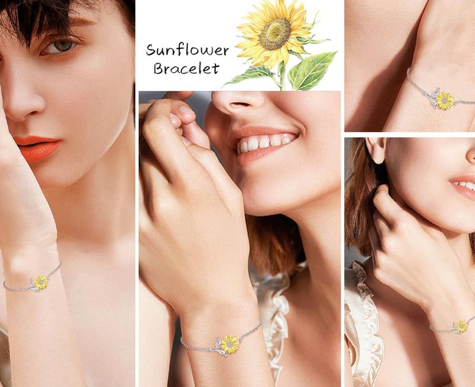 Pulsera Brazalete Plata Fina 925 Flor Girasol Tallo Mujer-2