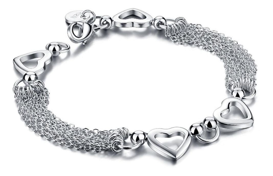 Pulsera Brazalete Plata 925 Corazones Borlas Cadenas-0