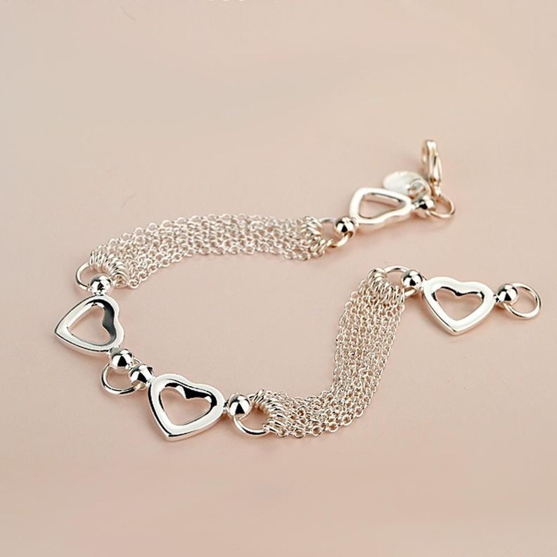Pulsera Brazalete Plata 925 Corazones Borlas Cadenas-2