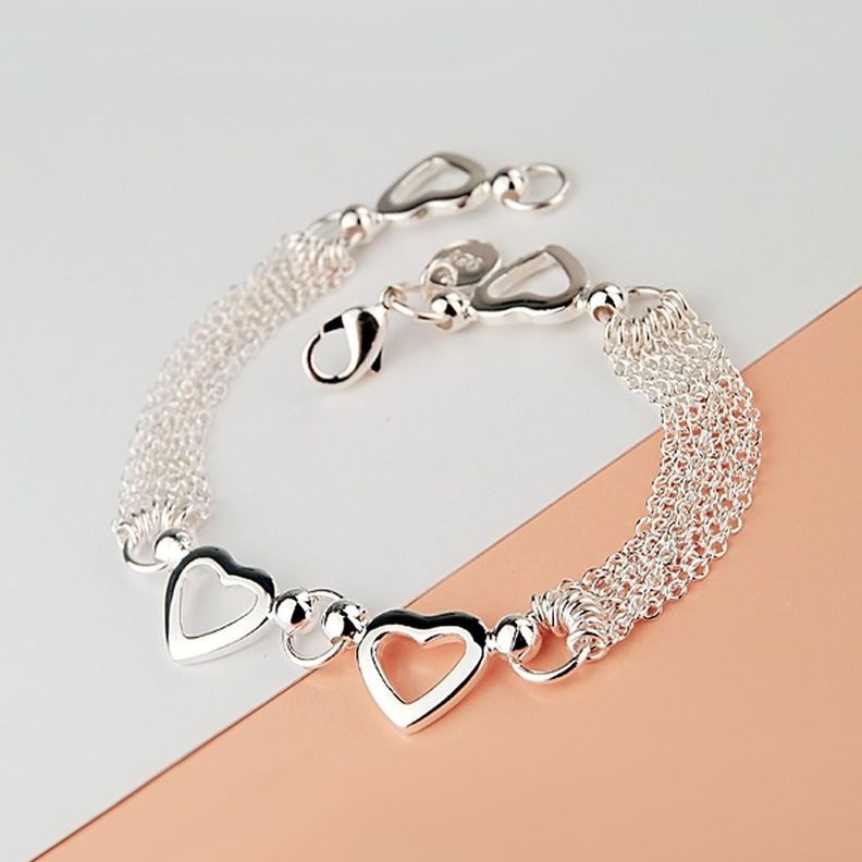Pulsera Brazalete Plata 925 Corazones Borlas Cadenas-4