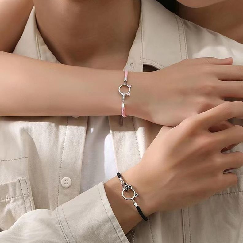 Pulseras Plata 925 Doble Anillo Gatos Parejas Zirconia-1