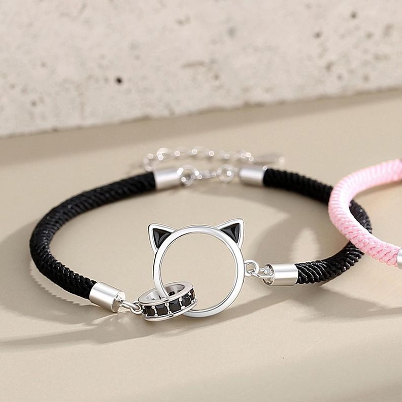 Pulseras Plata 925 Doble Anillo Gatos Parejas Zirconia-2