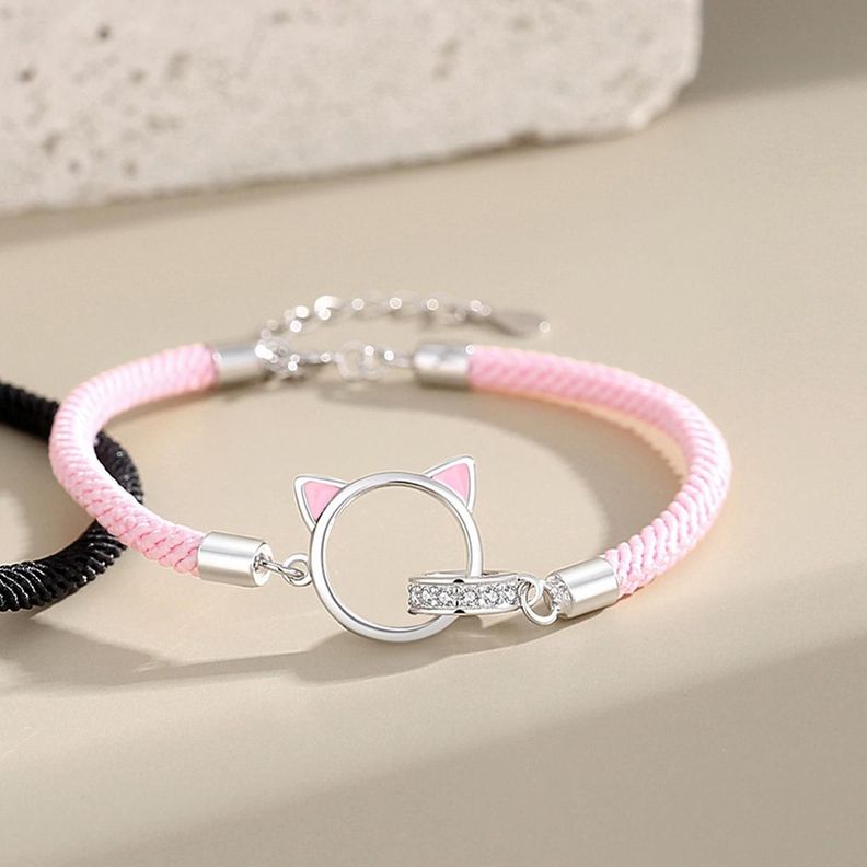Pulseras Plata 925 Doble Anillo Gatos Parejas Zirconia-3